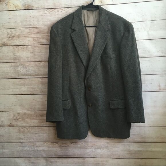 VINTAGE BROOKS BROTHERS 100% CAMEL HAIR BLAZER IN GRAY HERRINGBONE PRINT - Picture 1 of 8